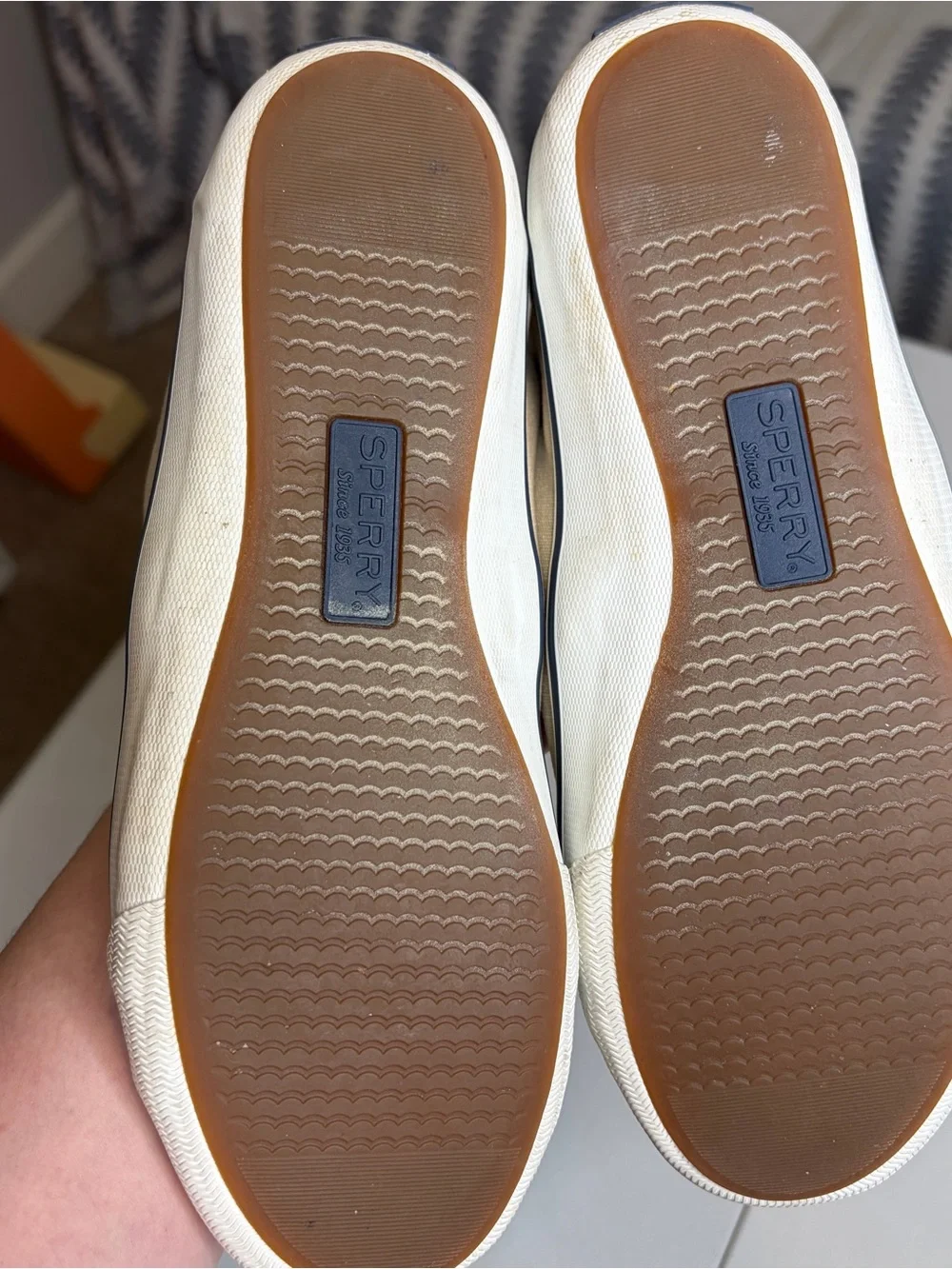 Sperry Beige Canvas Boat Shoes with White Soles 8